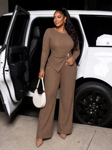 Poshavie Poshavie Plus Size Women's Relaxed Fashion Set, Minimalist Premium Casual Elastic Comfortable Outfit, Slimming Versatile Mocha Brown Ruched Design Asymmetrical Hem, Suitable For Daily Shopping And Outings - Brown - View 1