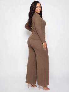 Poshavie Poshavie Plus Size Women's Relaxed Fashion Set, Minimalist Premium Casual Elastic Comfortable Outfit, Slimming Versatile Mocha Brown Ruched Design Asymmetrical Hem, Suitable For Daily Shopping And Outings - Brown - View 2