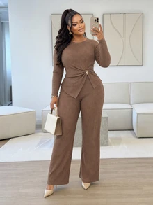 Poshavie Poshavie Plus Size Women's Relaxed Fashion Set, Minimalist Premium Casual Elastic Comfortable Outfit, Slimming Versatile Mocha Brown Ruched Design Asymmetrical Hem, Suitable For Daily Shopping And Outings - Brown - View 3