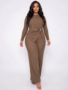 Poshavie Poshavie Plus Size Women's Relaxed Fashion Set, Minimalist Premium Casual Elastic Comfortable Outfit, Slimming Versatile Mocha Brown Ruched Design Asymmetrical Hem, Suitable For Daily Shopping And Outings - Brown - View 4