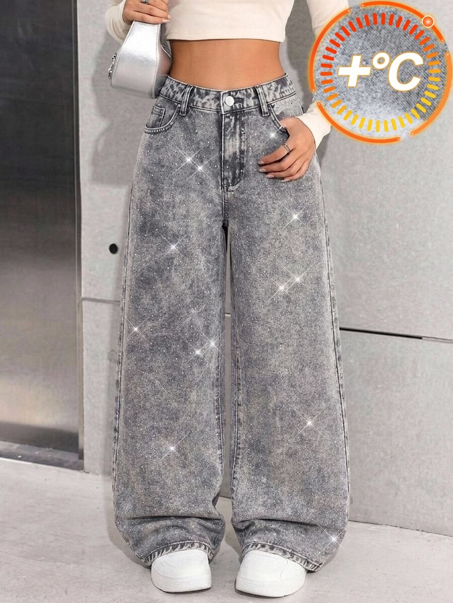SHEIN Girlism 青少年女孩亮面水鑽淺灰色牛仔寬鬆長褲 西部牛仔女牛仔褲 亮片裝飾 - 灰色 - 查看 1