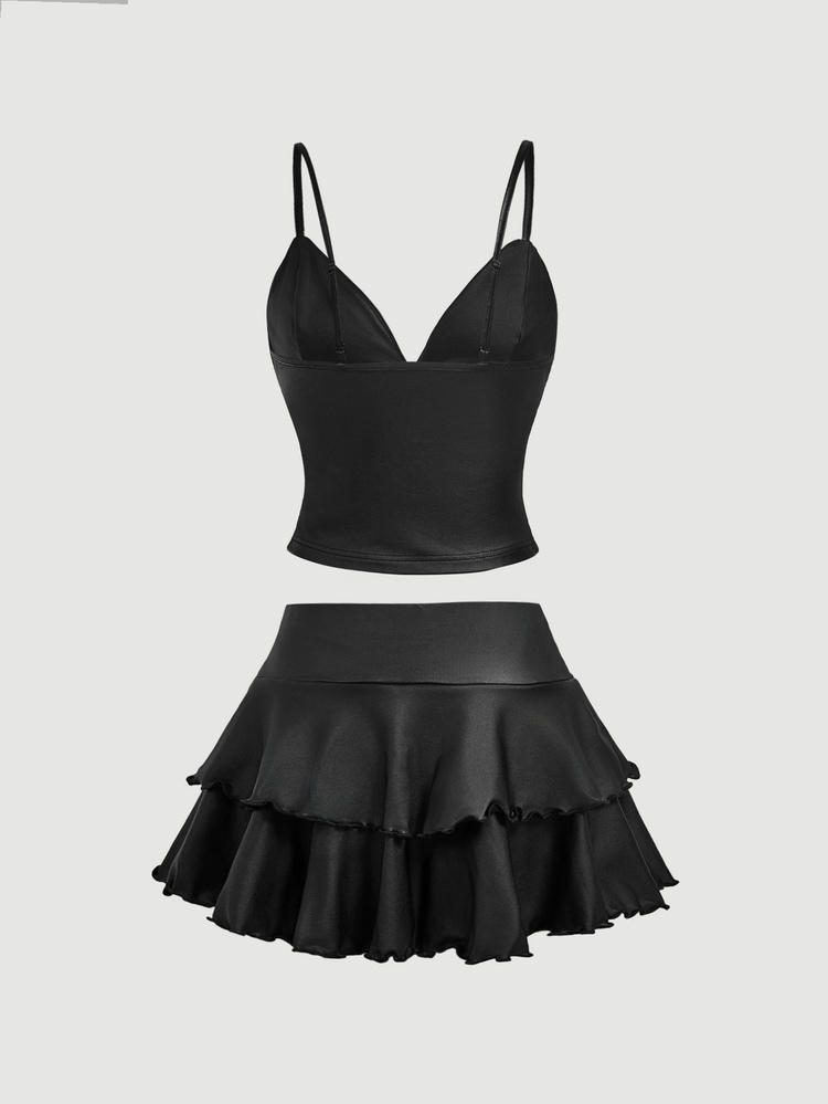 SHEIN MOD Women's Solid Color PU Leather Eyelet Design Camisole Top Ruffle Skirt 2 Pieces Set Halloween Night Out Club Clubbing Concert Black Summer Sexy Gothic - Black - View 4