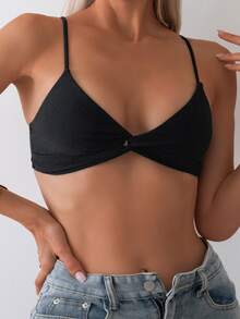 Swim Basics 女款黑色夏季海灘派對細肩帶純色三角聚攏比基尼上衣 - 黑色 - 查看 4