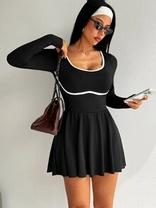 SHEIN Dewbera Women's Colorblock Pleated Casual Daily Summer Sports Dress - Black and White - View 3