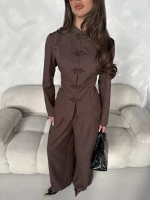 Aloruh Women's Autumn/Winter New Chinese Style Frog Button Decor Waist-Cinching Blazer + Wide Leg Long Pants - Brown - View 7