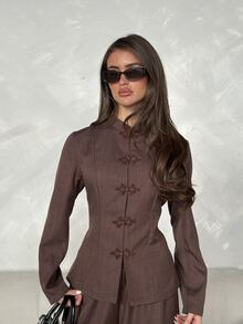 Aloruh Women's Autumn/Winter New Chinese Style Frog Button Decor Waist-Cinching Blazer + Wide Leg Long Pants - Brown - View 3