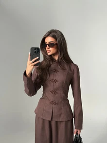 Aloruh Women's Autumn/Winter New Chinese Style Frog Button Decor Waist-Cinching Blazer + Wide Leg Long Pants - Brown - View 5