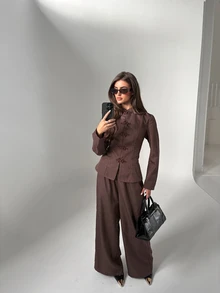 Aloruh Women's Autumn/Winter New Chinese Style Frog Button Decor Waist-Cinching Blazer + Wide Leg Long Pants - Brown - View 6