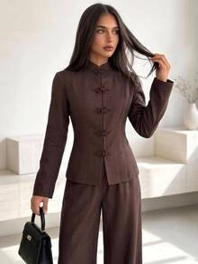 Aloruh Women's Autumn/Winter New Chinese Style Frog Button Decor Waist-Cinching Blazer + Wide Leg Long Pants - Brown - View 1