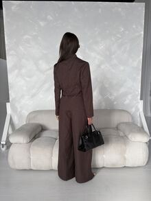 Aloruh Women's Autumn/Winter New Chinese Style Frog Button Decor Waist-Cinching Blazer + Wide Leg Long Pants - Brown - View 2
