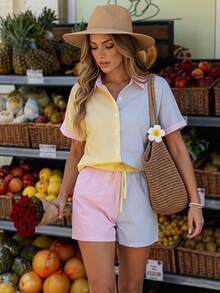 Sylviya Colorful Striped Shirt And Shorts Casual Sports Two Pieces Set,Vacation - Multicolor - View 2