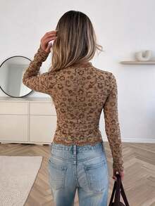Serisse Women's Cutout Design Lace Long Sleeve Slim Fit Sexy Cropped T-Shirt - Brown - View 5