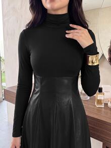 Modelyn فستان طويل الأكمام بياقة عالية أحادي اللون، بسيط، متوسط الطول، للارتداء اليومي العادي للنساء - الأسود - مشاهدة 4
