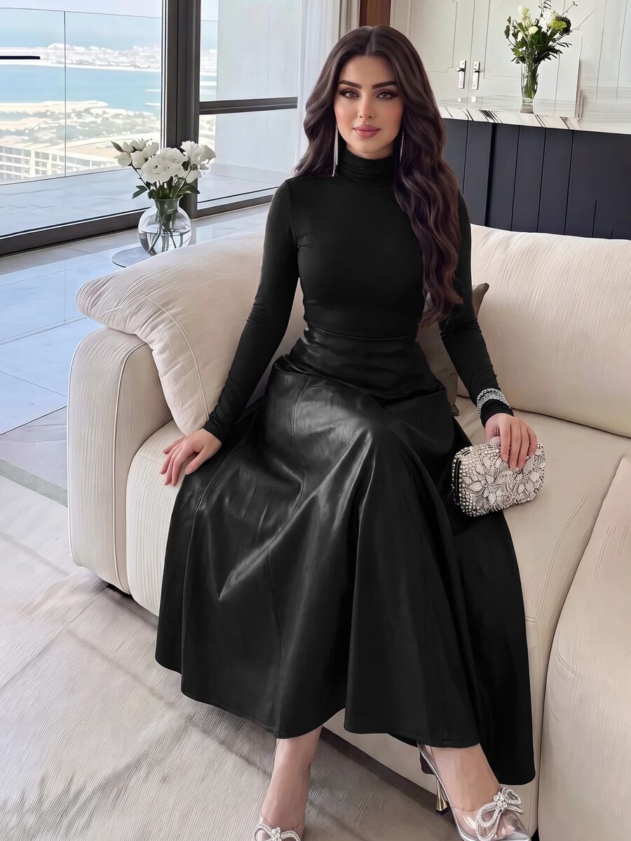Modelyn فستان طويل الأكمام بياقة عالية أحادي اللون، بسيط، متوسط الطول، للارتداء اليومي العادي للنساء - الأسود - مشاهدة 1