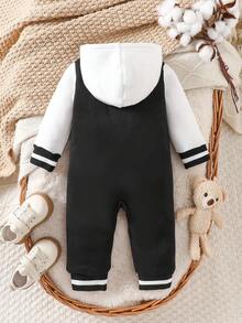 SHEIN Baby Boys Hooded Baseball Romper Black White Colorblock Button Front Pocket Easy On Off Long Sleeve Casual Daily Wear Fall Winter - Black and White - View 2