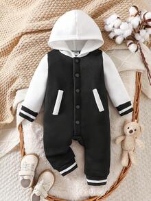 SHEIN Baby Boys Hooded Baseball Romper Black White Colorblock Button Front Pocket Easy On Off Long Sleeve Casual Daily Wear Fall Winter - Black and White - View 3
