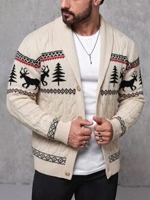 Manfinity CasualKnits 聖誕男士休閒寬鬆版型大翻領長袖開襟針織衫，保暖家庭氛圍親子情侶套裝 - 米色 - 查看 2