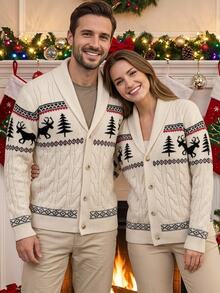 Manfinity CasualKnits 聖誕男士休閒寬鬆版型大翻領長袖開襟針織衫，保暖家庭氛圍親子情侶套裝 - 米色 - 查看 1