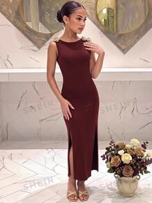 SHEIN 酒紅色優雅修身正式禮服，金色肩部裝飾，露肩領口，長裙開衩設計，女童派對洋裝 - 酒紅色 - 查看 1