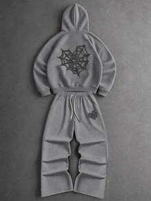 Manfinity EMRG Men's 3D Spider Web Pattern Hooded Long Sleeve Sweatshirt And Drawstring Waist Pants 2 Pieces Set - Grey - View 6