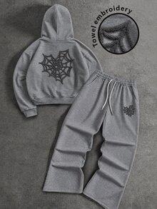 Manfinity EMRG Men's 3D Spider Web Pattern Hooded Long Sleeve Sweatshirt And Drawstring Waist Pants 2 Pieces Set - Grey - View 1