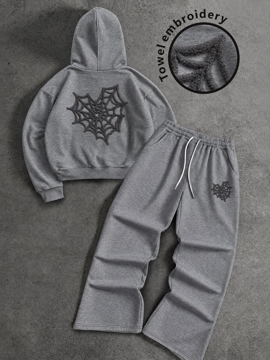 Manfinity EMRG Men's 3D Spider Web Pattern Hooded Long Sleeve Sweatshirt And Drawstring Waist Pants 2 Pieces Set - Grey - View 1