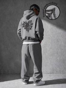 Manfinity EMRG Men's 3D Spider Web Pattern Hooded Long Sleeve Sweatshirt And Drawstring Waist Pants 2 Pieces Set - Grey - View 2