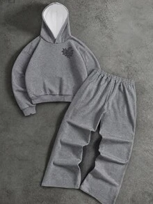 Manfinity EMRG Men's 3D Spider Web Pattern Hooded Long Sleeve Sweatshirt And Drawstring Waist Pants 2 Pieces Set - Grey - View 3