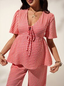 GentleRue Maternity Lace-Up Plaid Top And Loose Wide-Leg Pants 2 Pieces Set Photoshoot Summer Maternity - Red - View 7