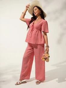 GentleRue Maternity Lace-Up Plaid Top And Loose Wide-Leg Pants 2 Pieces Set Photoshoot Summer Maternity - Red - View 5