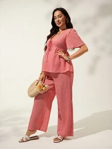 GentleRue Maternity Lace-Up Plaid Top And Loose Wide-Leg Pants 2 Pieces Set Photoshoot Summer Maternity - Red - View 6