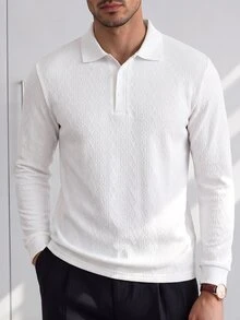 HUEFORM 男士 2026 秋季白色 3D 紋理提花長袖 Polo 衫，休閒極簡商務辦公工作正裝 - 白色 - 查看 1