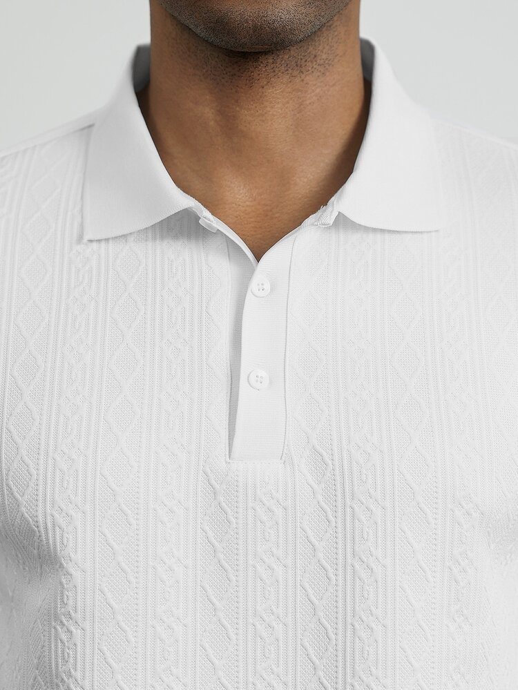 HUEFORM Men 2026 Fall White 3D Textured Jacquard Long Sleeve Polo Shirt, Casual Minimalist Business Office Work, Formal - White - View 4