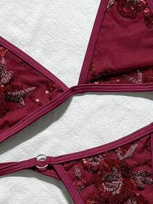 SHEIN Swim 女款夏季海灘亮片掛脖綁帶性感比基尼三角褲兩件式泳衣套裝 - 酒紅色 - 查看 9