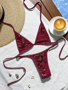 SHEIN Swim 女款夏季海灘亮片掛脖綁帶性感比基尼三角褲兩件式泳衣套裝 - 酒紅色 - 查看 7