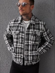 Manfinity Roughcore 2026新款男士新年聖誕萬聖節假期禮物休閒時尚設計極簡百搭寬鬆黑白格紋粗花呢大衣 - 黑與白 - 查看 5