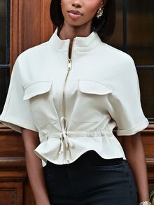 Mima John Fashionable Short Utility Shirt, With Two Symmetrical Chest Pockets, Cinched Waist Design, Overall Neat And Practical - Beige - View 5