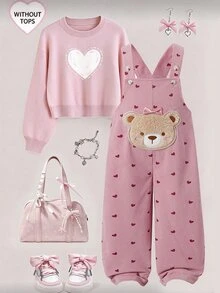 SHEIN Genkimix Kids Girls' Solid Color One-Piece Long Pants, Body Printed With Small Hearts, Decorated With 3D Bows And Bear Patches, Cute And Fashionable, Suitable For Multiple Occasions, Suitable For Spring And Autumn, Suitable For Daily Outings - Pink - View 3