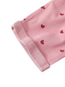SHEIN Genkimix Kids Girls' Solid Color One-Piece Long Pants, Body Printed With Small Hearts, Decorated With 3D Bows And Bear Patches, Cute And Fashionable, Suitable For Multiple Occasions, Suitable For Spring And Autumn, Suitable For Daily Outings - Pink - View 7