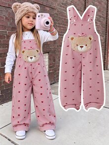 SHEIN Genkimix Kids Girls' Solid Color One-Piece Long Pants, Body Printed With Small Hearts, Decorated With 3D Bows And Bear Patches, Cute And Fashionable, Suitable For Multiple Occasions, Suitable For Spring And Autumn, Suitable For Daily Outings - Pink - View 1
