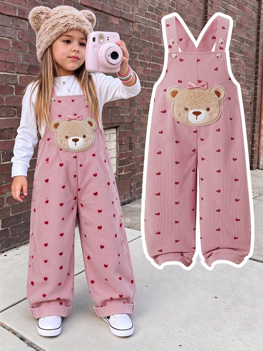 SHEIN Genkimix Kids Girls' Solid Color One-Piece Long Pants, Body Printed With Small Hearts, Decorated With 3D Bows And Bear Patches, Cute And Fashionable, Suitable For Multiple Occasions, Suitable For Spring And Autumn, Suitable For Daily Outings - Pink - View 1