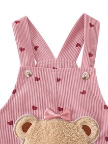 SHEIN Genkimix Kids Girls' Solid Color One-Piece Long Pants, Body Printed With Small Hearts, Decorated With 3D Bows And Bear Patches, Cute And Fashionable, Suitable For Multiple Occasions, Suitable For Spring And Autumn, Suitable For Daily Outings - Pink - View 6