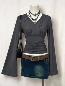 Bitrose Autumn Fashion Solid Color Bell Sleeve Ruched Waist T-Shirt - Dark Grey - View 7