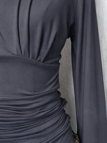 Bitrose Autumn Fashion Solid Color Bell Sleeve Ruched Waist T-Shirt - Dark Grey - View 3