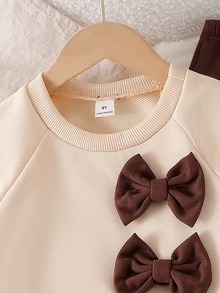 SHEIN Tween Girls Fleece 2pcs/Set Young Girls Fashion Gray Round Neck Long Sleeve Top And Wide Leg Pants With Bow Decor, Autumn/Winter, Cute - Brown - View 3