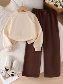 SHEIN Tween Girls Fleece 2pcs/Set Young Girls Fashion Gray Round Neck Long Sleeve Top And Wide Leg Pants With Bow Decor, Autumn/Winter, Cute - Brown - View 2