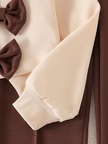 SHEIN Tween Girls Fleece 2pcs/Set Young Girls Fashion Gray Round Neck Long Sleeve Top And Wide Leg Pants With Bow Decor, Autumn/Winter, Cute - Brown - View 4