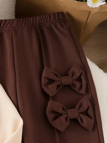 SHEIN Tween Girls Fleece 2pcs/Set Young Girls Fashion Gray Round Neck Long Sleeve Top And Wide Leg Pants With Bow Decor, Autumn/Winter, Cute - Brown - View 5
