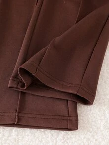 SHEIN Tween Girls Fleece 2pcs/Set Young Girls Fashion Gray Round Neck Long Sleeve Top And Wide Leg Pants With Bow Decor, Autumn/Winter, Cute - Brown - View 8