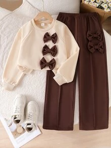 SHEIN Tween Girls Fleece 2pcs/Set Young Girls Fashion Gray Round Neck Long Sleeve Top And Wide Leg Pants With Bow Decor, Autumn/Winter, Cute - Brown - View 1